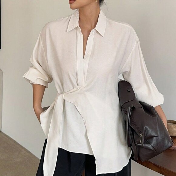 Plus Size White Casual Women's Long Sleeve Turndown Collar Shirt - Picture 7 of 9